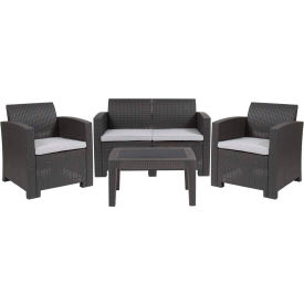 Flash Furniture 4 Piece Faux Rattan Patio Sofa Set, Dark Gray w/ Light Gray Cushions