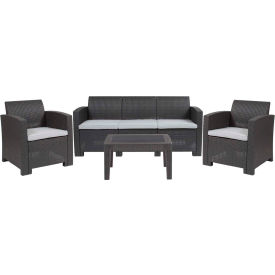 Flash Furniture® 4 Piece Faux Rattan Outdoor Sofa Set Dark Gray w/ Light Gray Cushions