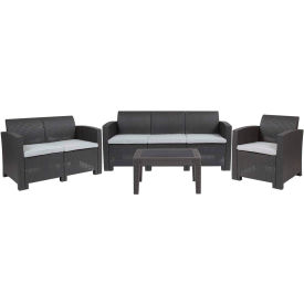 Flash Furniture® 4 Piece Faux Rattan Outdoor Loveseat Set Dark Gray w/ Light Gray Cushions