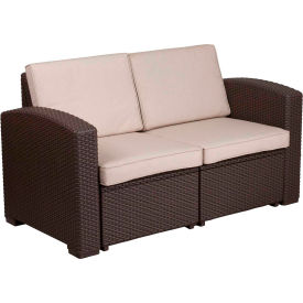 Global Industrial DAD-SF1-2-GG Flash Furniture All-Weather Faux Rattan Loveseat - Chocolate Brown with Beige Cushions image.