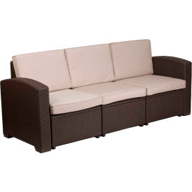 Global Industrial DAD-SF1-3-GG Flash Furniture All-Weather Faux Rattan Sofa - Chocolate Brown with Beige Cushions image.