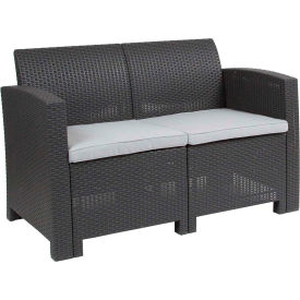 Global Industrial DAD-SF2-2-DKGY-GG Flash Furniture All-Weather Faux Rattan Loveseat - Dark Gray with Light Gray Cushions image.