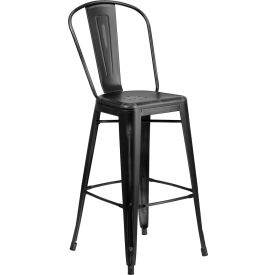 Global Industrial ET-3534-30-BK-GG Flash Furniture 30" High Distressed Metal Indoor-Outdoor Counter Height Stool with Back - Black image.