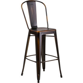 Global Industrial ET-3534-30-COP-GG Flash Furniture 30" High Distressed Metal Indoor-Outdoor Bar Stool with Back - Copper image.