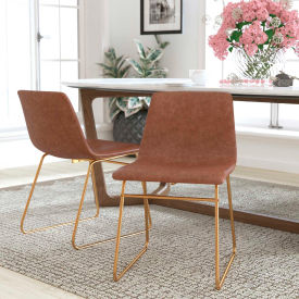 Global Industrial ET-ER18345-18-LB-GG Flash Furniture 18" Mid-Back Sled Base LeatherSoft Dining Chair w/ Gold Frame, Light Brown, Set of 2 image.