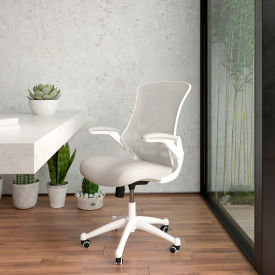 Global Industrial BL-X-5M-WH-GY-GG Flash Furniture Mesh Ergonomic Task Office Chair with White Frame and Flip-Up Arms - Light Gray image.