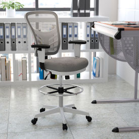 Global Industrial HL-0001-1CWHITE-LTGY-GG Flash Furniture Ergonomic Drafting Chair with Adjustable Foot Ring and Adjustable Arms - Gray/White image.