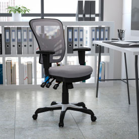 Global Industrial HL-0001-GY-GG Flash Furniture Mesh Multifunction Executive Ergonomic Office Chair w/Adjustable Arms - Gray image.
