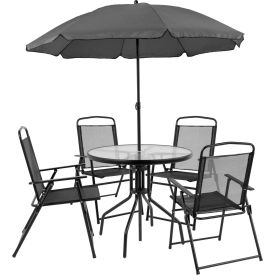Global Industrial GM-202012-BK-GG Flash Furniture® Nantucket 5 Piece Outdoor Dining Set w/ Umbrella, Black image.