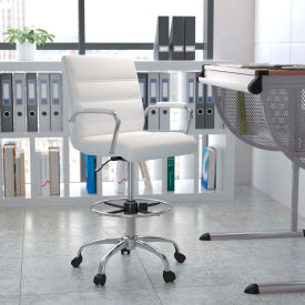 Global Industrial GO-2286B-WH-GG Flash Furniture Mid-Back LeatherSoft Drafting Chair, Adjustable Foot Ring, Chrome Base, White image.