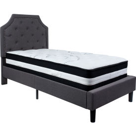 Global Industrial SL-BM-13-GG Flash Furniture Brighton Tufted Upholstered Platform Bed, Drk Gry, With Pocket Spring Mattress, Twin image.