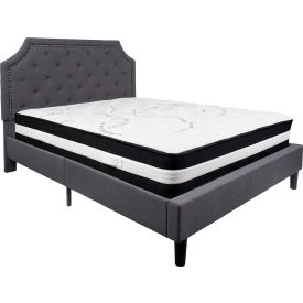 Global Industrial SL-BM-15-GG Flash Furniture Brighton Tufted Upholstered Platform Bed Drk Gry, With Pocket Spring Mattress, Queen image.