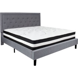 Global Industrial SL-BM-28-GG Flash Furniture Roxbury Tufted Upholstered Platform Bed Light Gry, With Pocket Spring Mattress, King image.