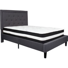 Global Industrial SL-BM-30-GG Flash Furniture Roxbury Tufted Upholstered Platform Bed, Dark Gry, With Pocket Spring Mattress, Full image.