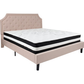 Global Industrial SL-BM-4-GG Flash Furniture Brighton Tufted Upholstered Platform Bed, Beige, With Pocket Spring Mattress, King image.