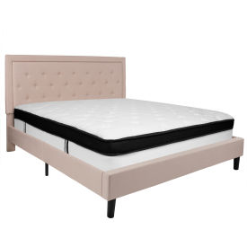 Global Industrial SL-BMF-20-GG Flash Furniture Roxbury Tufted Upholstered Platform Bed, Beige, With Memory Foam Mattress, King image.