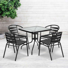 Global Industrial TLH-0732SQ-017CBK4-GG Flash Furniture® Square Glass Outdoor Dining Table Set w/ 4 Aluminium Slat Chairs, Black image.