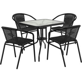 Flash Furniture Lila 5 Piece Square Glass Metal Table w/ Stack Chairs, Black