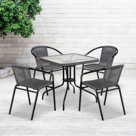 Global Industrial TLH-073SQ-037GY4-GG Flash Furniture® Square Glass Outdoor Dining Table Set w/ 4 Rattan Stack Chairs, Gray image.