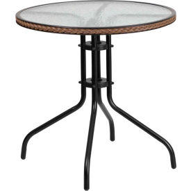 Global Industrial TLH-087-DK-BN-GG Flash Furniture 28" Round Tempered Glass Metal Table with Dark Brown Rattan Edging image.