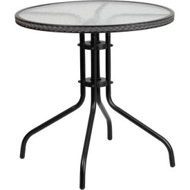 Global Industrial TLH-087-GY-GG Flash Furniture 28" Round Tempered Glass Metal Table with Gray Rattan Edging image.