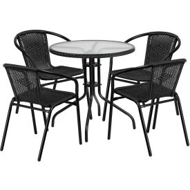 Flash Furniture Lila 5 Piece Round Glass Metal Table w/ Stack Chairs, Black