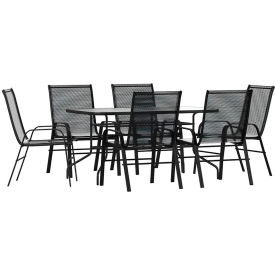 Global Industrial TLH-089REC-303CBK6-GG Flash Furniture Brazos 7 Piece Outdoor Patio Table w/ Umbrella Hole & Stack Chairs , Black image.