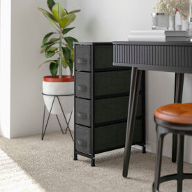 Global Industrial WX-5L203-BK-GR-GG Flash Furniture 4 Drawer Slim Wood Top Cast Vertical Storage Dresser, Dk Gray Fabric Drawers, Black image.