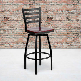 Flash Furniture Black Ladder Back Swivel Metal Barstool - Mahogany Wood Seat - HERCULES Series