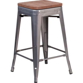Global Industrial XU-DG-TP0004-24-WD-GG Flash Furniture 24"H Backless Clear Coated Metal Counter Height Stool with Square Wood Seat image.