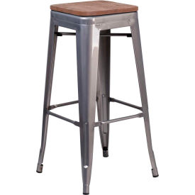 Flash Furniture 30""H Backless Clear Coated Metal Barstool with Square Wood Seat