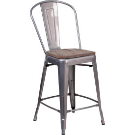 Global Industrial XU-DG-TP001B-24-WD-GG Flash Furniture 24"H Clear Coated Counter Height Stool with Back and Wood Seat image.