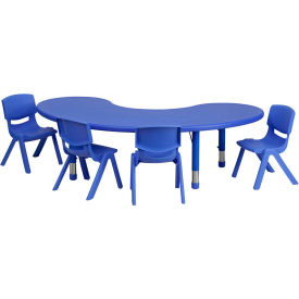 Global Industrial YU-YCX-0043-2-MOON-TBL-BLUE-E-GG Flash Furniture 65"L Half-Moon Plastic Height-Adjustable Activity Table Set with 4 Chairs - Blue image.