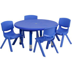 Global Industrial YU-YCX-0073-2-ROUND-TBL-BLUE-E-GG Flash Furniture 33" Round Plastic Height-Adjustable Activity Table Set with 4 Chairs - Blue image.