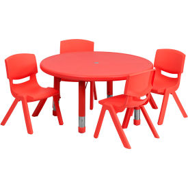 Global Industrial YU-YCX-0073-2-ROUND-TBL-RED-E-GG Flash Furniture 33 Round Plastic Height - Adjustable Activity Table Set with 4 Chairs - Red image.