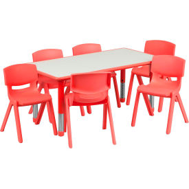 Global Industrial YU-YCY-060-0036-RECT-TBL-RED-GG Flash Furniture 47.25" Rectangle Plastic Height Adjustable Activity Table Set with 6 Chairs - Red image.