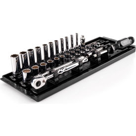 Tekton 1/4" Drive Shallow & Deep 12 Point Socket & Ratchet Set with Rails & Tray 29 Piece 