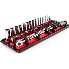 Tekton 1/4" Drive Shallow & Deep 6 Point Socket & Ratchet Set with Rails & Tray 35 Piece 