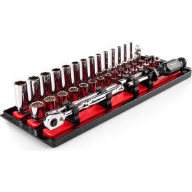 Tekton 1/4" Drive Shallow & Deep 12 Point Socket & Ratchet Set with Rails & Tray 35 Piece 