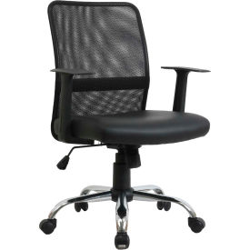 Global Industrial 695723 Interion® Mesh Back Leather Task Chair With Mid Back & Fixed Arms, Synthetic Leather, Black image.