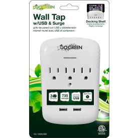 Perf Power Go Green GG-13000USB2-PKG GoGreen Power 3 Outlet wall tap with 2 USB ports, 735 Joules, GG-13000USB2-PKG - White image.