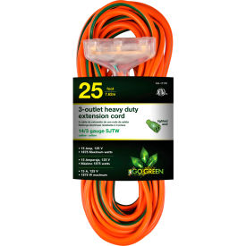 Perf Power Go Green GG-15125 GoGreen Power, 14/3 25 3-Outlet Heavy Duty Extension Cord, GG-15125, Lighted End image.