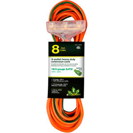 Perf Power Go Green GG-15008 GoGreen Power 16/3 SJTW 8ft 3 Outlet Heavy Duty Extension Cord, GG-15008 - Orange image.