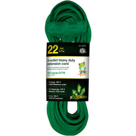 Perf Power Go Green GG-15022GN GoGreen Power 16/3 SJTW 22ft 3 Outlet Heavy Duty Extension Cord, GG-15022GN - Green image.