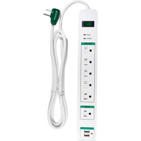 Perf Power Go Green GG-16326USB Surge Protected Power Strip W/USB Ports, 6 Outlets, 15A, 1600 Joules, 6 Cord image.