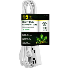 GoGreen Power, GG-19615, 3 Outlet 15 Ft Extension Cord - Right Angle Plug