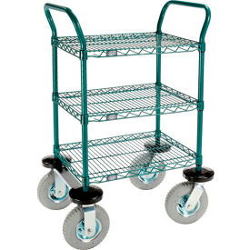 Nexel® 3 Shelf Utility Cart Poly-Green 24"Wx14"Dx 42"H Pneumatic Casters2 Swivel 2 Rigid