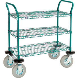 Nexel® 3 Shelf Utility Cart Poly-Green 36"Wx14"Dx 42"H Pneumatic Casters2 Swivel 2 Rigid