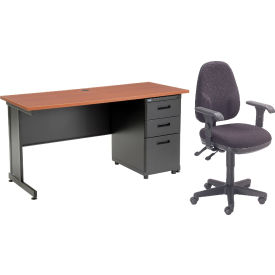 Global Industrial 670073CH-B1 Interion® Office Desk and Fabric Chair Bundle with 3 Drawer Pedestal - 60" x 24" - Cherry image.