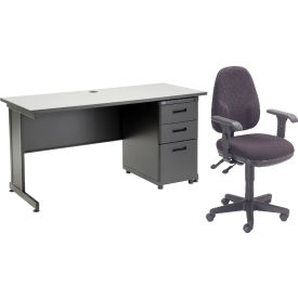 Global Industrial 670073GY-B1 Interion® Office Desk and Fabric Chair Bundle with 3 Drawer Pedestal - 60"W x 24" - Gray image.